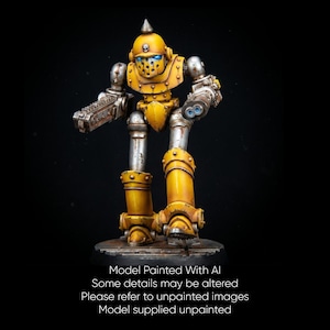 Puede incluir: Un modelo de robot amarillo y plateado con un casco puntiagudo y ojos azules. El robot tiene un diseño detallado con una apariencia texturizada. El texto en la imagen dice: Modelo pintado con IA, Algunos detalles pueden ser alterados, Por favor, consulte las imágenes sin pintar, Modelo suministrado sin pintar.