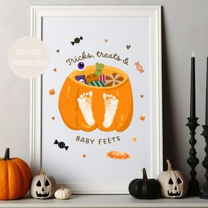 Tricks Treats Baby Feets Footprint Craft Unique DIY Printable Halloween Personalized Gift Halloween Art
