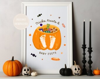Tricks Treats Baby Feets Footprint Craft Unique DIY Printable Halloween Personalized Gift Halloween Art