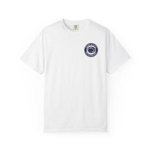 May include: White crew neck t-shirt with a navy blue circular graphic on the chest. The graphic features the words "PENN STATE METEOROLOGY" around a stylized image of a Nittany Lion.