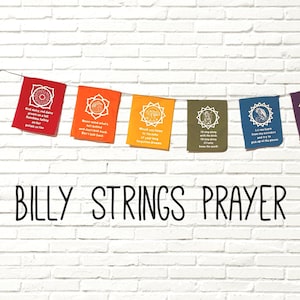 Puede incluir: Una guirnalda de banderas de oración coloridas, cada una con una cita y un diseño geométrico. Las banderas son rojas, naranjas, amarillas, verde oliva, azules, moradas y lavanda. El texto "BILLY STRINGS PRAYER FLAGS" está debajo.
