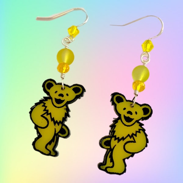 Yellow Acrylic Dancing Bear Earrings with Glass Beads - 2 1/4"