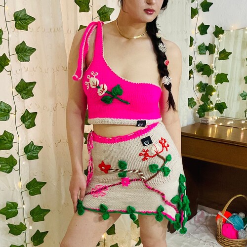 MEYOŞ |Pink Forest Crochet Set|Daisy Crochet |Unique |Handmade |Floral Embroidered Dress |Romantic Dress |Beaded Dress | After Party shops Dress