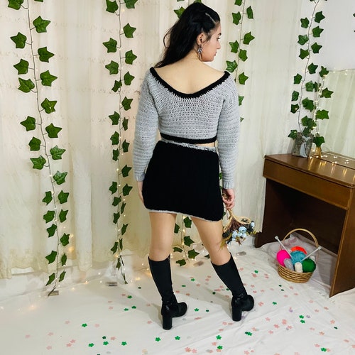 MEYOŞ | Black Pearl Sweater and Skirt shops Set| 100% handmade | 3D Clothes | Clothes with ribbon | Bouquet Knit Sweater | Chunky | Christmas | 3D