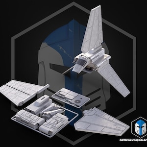 May include: A white model of a spacecraft with wings, displayed with its disassembled parts. The image is set against a black background with a blue and white helmet graphic. The logo for Galactic Armory is in the bottom right corner.