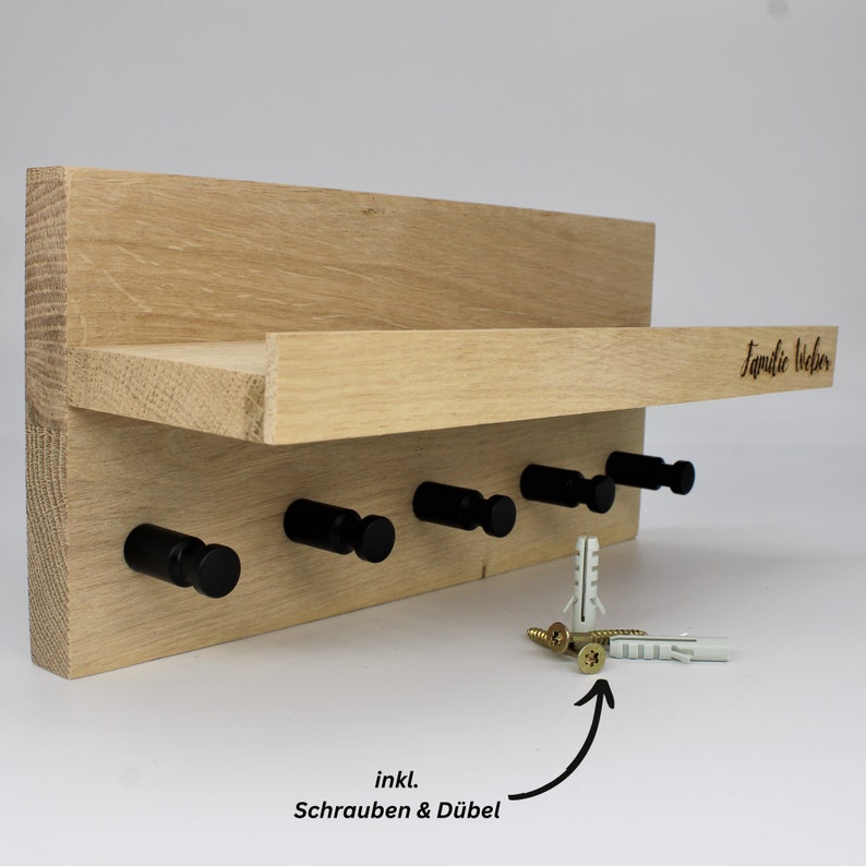 Personalized oak key rack, custom engraved key rack, key rack with shelf, key rack with stainless steel hooks image 7