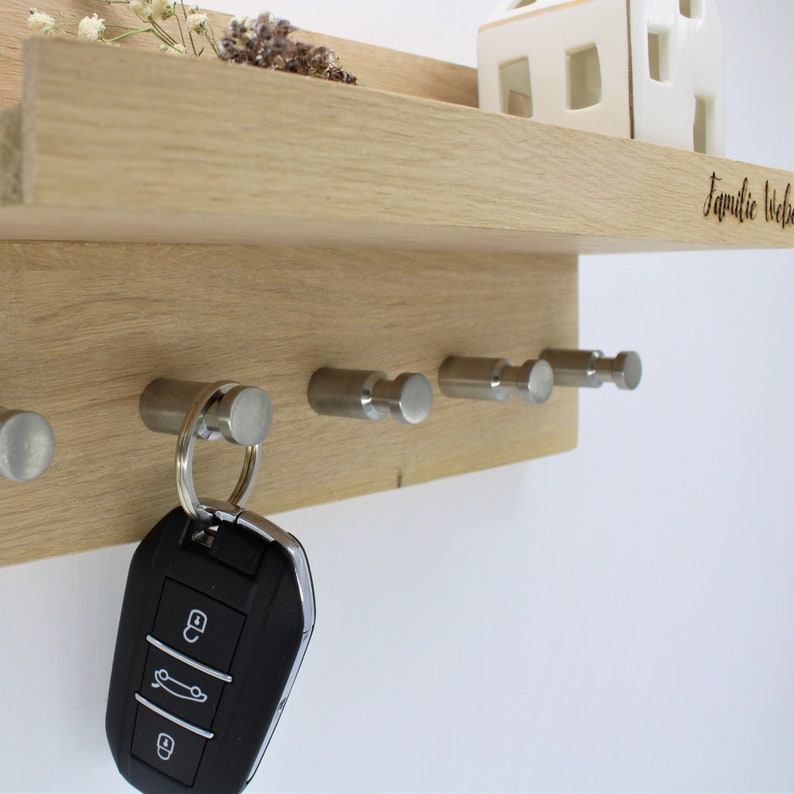 Personalized oak key rack, custom engraved key rack, key rack with shelf, key rack with stainless steel hooks image 4