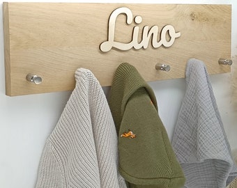 Children's wardrobe personalized, coat rack made of oak wood with stainless steel hooks, wall coat rack with desired engraving