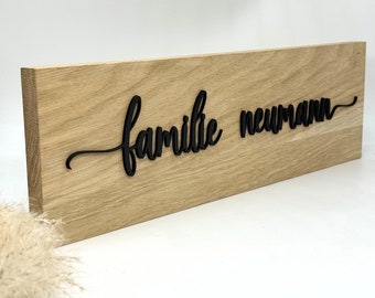 Personalisiertes Holzschild, 3D Familiennamensschild Eiche, Hochzeitsgeschenk, Holzschild inkl. Wunschgravur, Eingangsschild für Wohnbereich