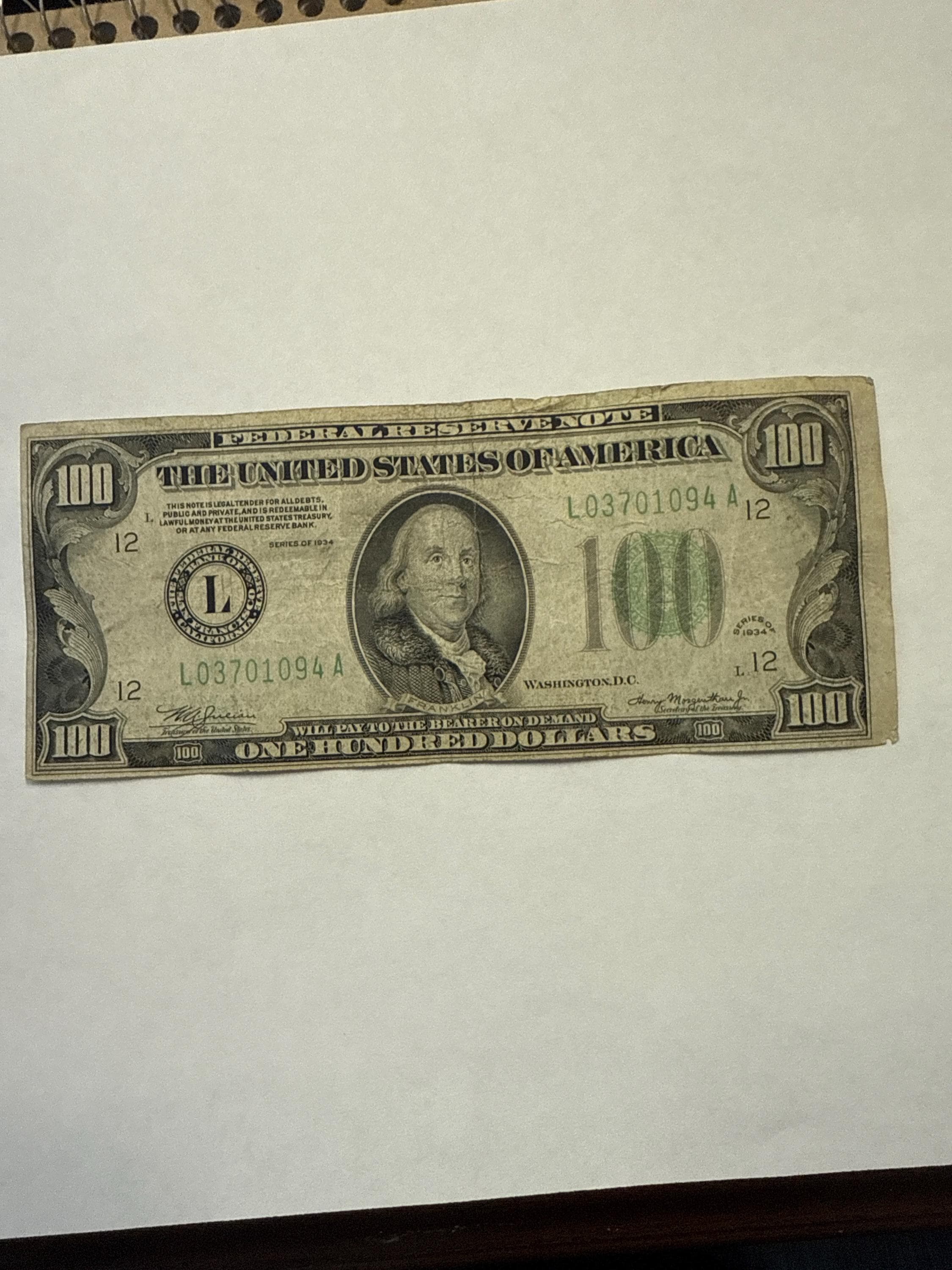 1934年 米国 100ドル紙幣 旧紙幣 ヴィンテージ 置物 飾り これ、1934年