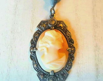 Antique Petite Cameo Pendant Necklace: Sterling Silver Marcasite Victorian Setting