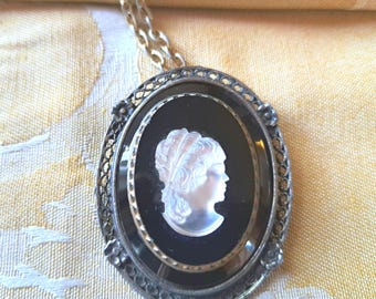 Vintage Black Glass Cameo Necklace: Pearlized Silhouette, Goldtone Chain