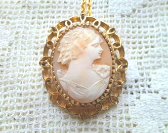 Vintage Carved Shell Cameo Pendant Necklace - Victorian Style, Goldtone Filagree