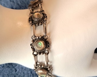 Vintage MidCentury Mexican Sterling MOP Bracelet, 1950 Mexican Sterling Shell Inlayed Link Bracelet, Bohemian Sterling Abalone Link Bracelet