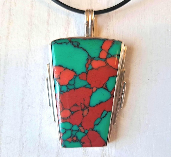 Vintage Stone Sterling Silver Faux Sonoran Sunset Pendant Necklace - Crushed Coral Turquoise Compilation Jewelry