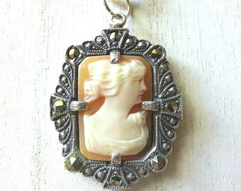 Antique Sterling Silver Shell Cameo Pendant Necklace: Marcasite Victorian Jewelry