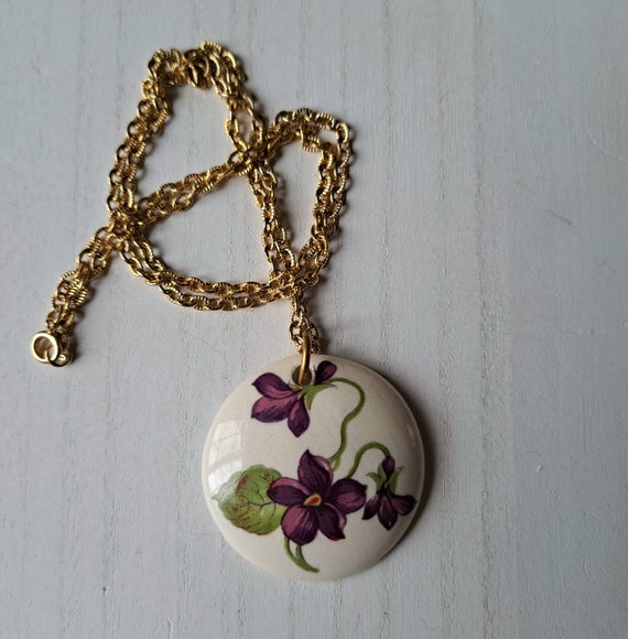 Vintage Violet Ceramic Pendant, Floral Ceramic Me… - image 2