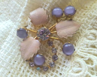 Vintage Mauve Lavender Floral Brass Brooch - Enamel Crystal Goldtoned Pin, MidCentury