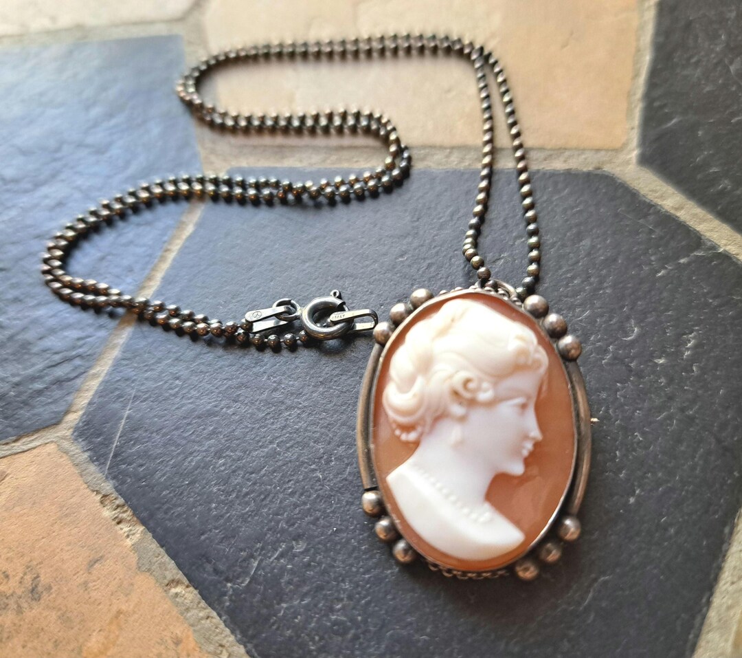 Vintage Shell Cameo Pendant Necklace: 1940s Silver Convertible Brooch ...