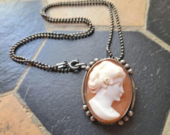 Vintage Shell Cameo Pendant Necklace: 1940s Silver Convertible Brooch