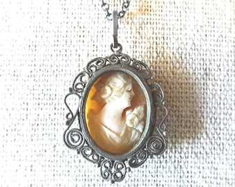 Antique Shell Cameo Pendant Necklace: Silver Cannetille Setting