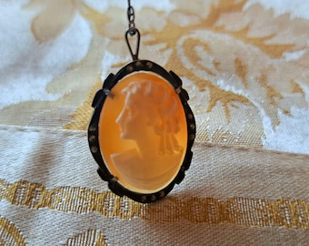 Victorian Shell Cameo Sterling Silver Necklace: Marcasite Brooch Pendant