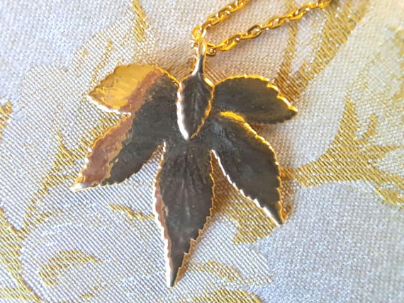 Vintage Gold-Dipped Maple Leaf Pendant Necklace -… - image 1