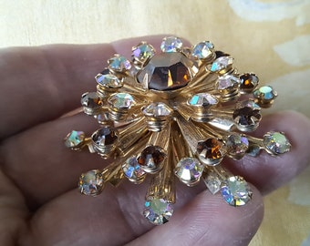 Vintage Mid-Century Sparkler Brooch, Stereo Ferris Wheel Brooch, Atomic Era Layered Topaz Aurora Crystal Brooch,  Vintage Crystal Brooch