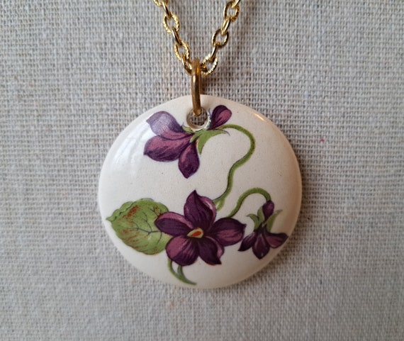 Vintage Violet Ceramic Pendant, Floral Ceramic Me… - image 1