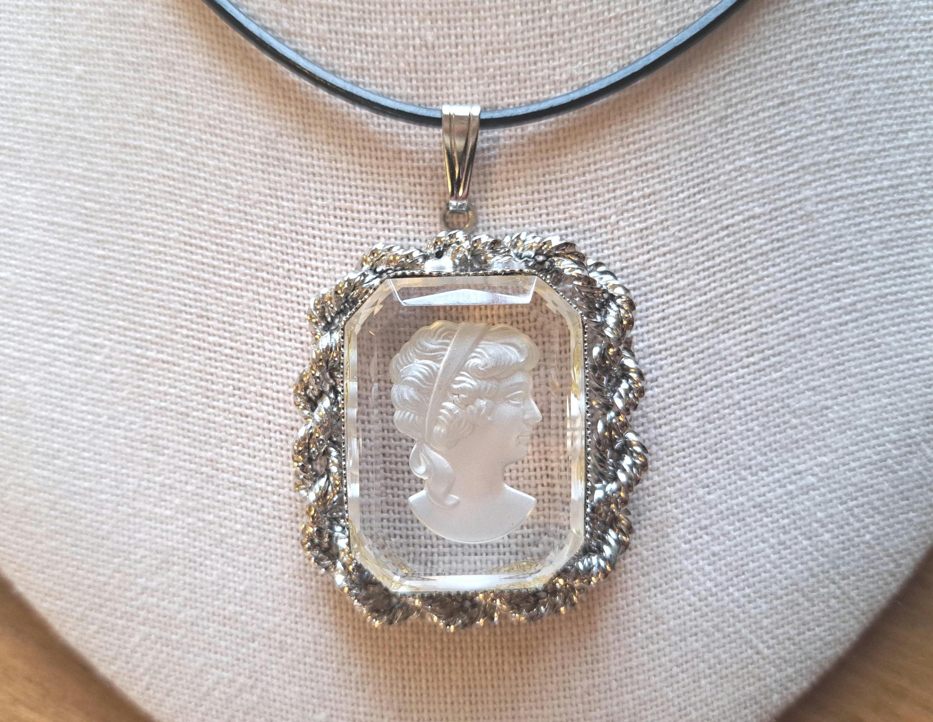 Vintage Clear Glass Intaglio Silvertoned Cameo Necklace - Statement Victorian Pendant
