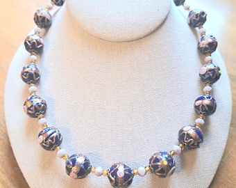 Vintage Venetian Glass Bead Necklace - Cobalt Blue and Purple Wedding Cake Beads