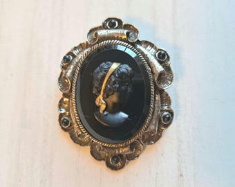 Vintage Black Glass Intaglio Cameo Pendant Necklace - Convertible Mourning Brooch, Antiqued Goldtoned, Victorian