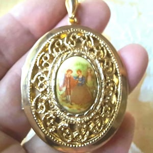 Vintage Fragonard Ceramic Locket Pendant: Goldtone Filigree Necklace, Portrait Porcelain