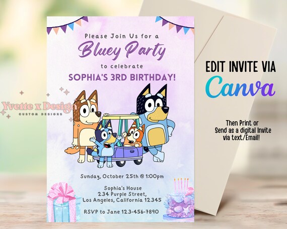 CANVA Invite Templatebluey Birthday Invitationpink Kids - Etsy