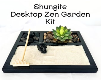 Shungite Zen Garden Kit Shungite Pyramid Desktop Sand Garden Self Care Kit Crystal Desk Decor Meditation Skull Zen Garden Kit New Job Gift