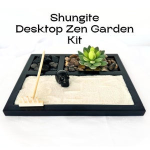 Shungite Zen Garden Kit Shungite Pyramid Desktop Sand Garden Self Care Kit Crystal Desk Decor Meditation Skull Zen Garden Kit New Job Gift