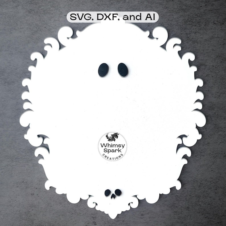 May include: A white, ornate, circular design with black oval eyes and a small skull at the bottom. The text "SVG, DXF, and AI" is at the top. The design includes the text "Whimsy Spark Creations".