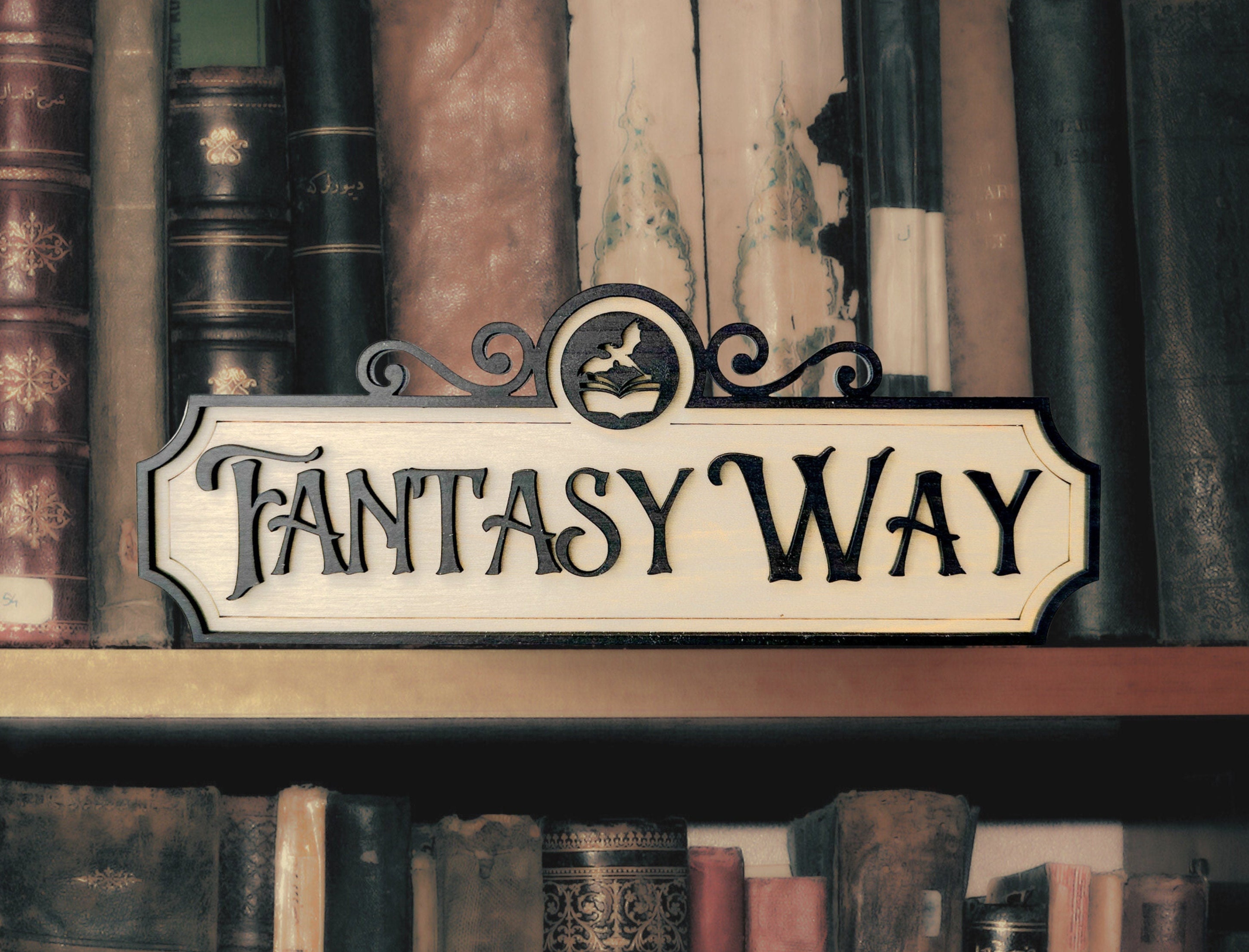 Book Library Sign Bookshelf Decor Gift for Fantasy Reader Wood Library Shelf Decor Cubicle Decor