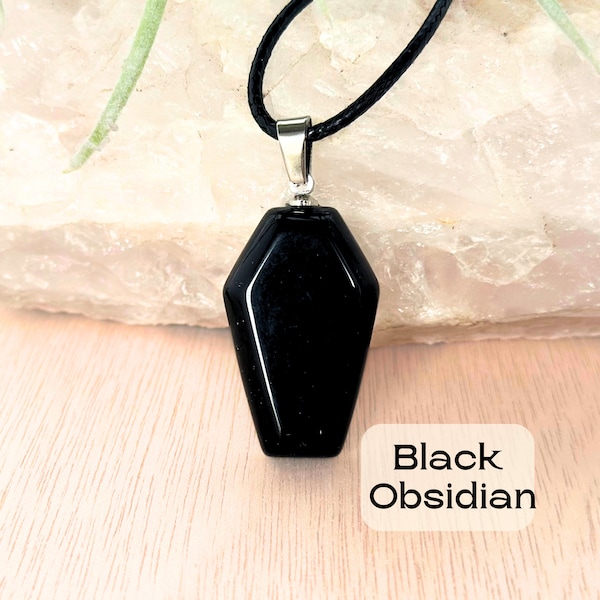 Goth Necklace Black Obsidian Necklace Coffin Pendant Black Obsidian Crystal Necklace Goth Jewelry Natural Obsidian Stone Halloween Necklace