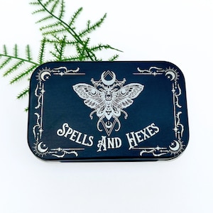 Witchy Trinket Box Goth Stash Box Small Storage Tin Pill Box Engraved Mint Tin Spell Jar Deathhead Moth Storage Tin Sewing Tin