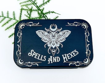 Witchy Trinket Box Goth Stash Box Small Storage Tin Pill Box Engraved Mint Tin Spell Jar Deathhead Moth Storage Tin Sewing Tin