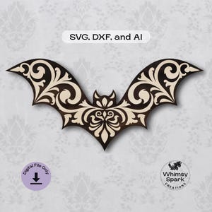 May include: A wooden bat-shaped decoration with intricate scrollwork in a dark brown and cream color scheme. The image includes the text "SVG, DXF, and AI" and "Digital File Only". The logo for Whimsy Spark Creations is also present.