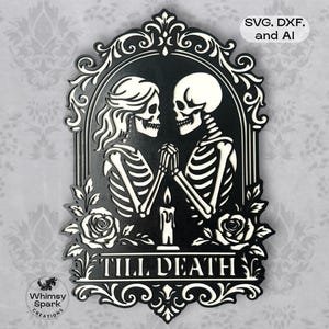 May include: Black and white wall art featuring two skeletons holding hands, framed within an ornate border. The design includes roses, a lit candle, and the text "TILL DEATH". The artwork is a gothic-themed piece.