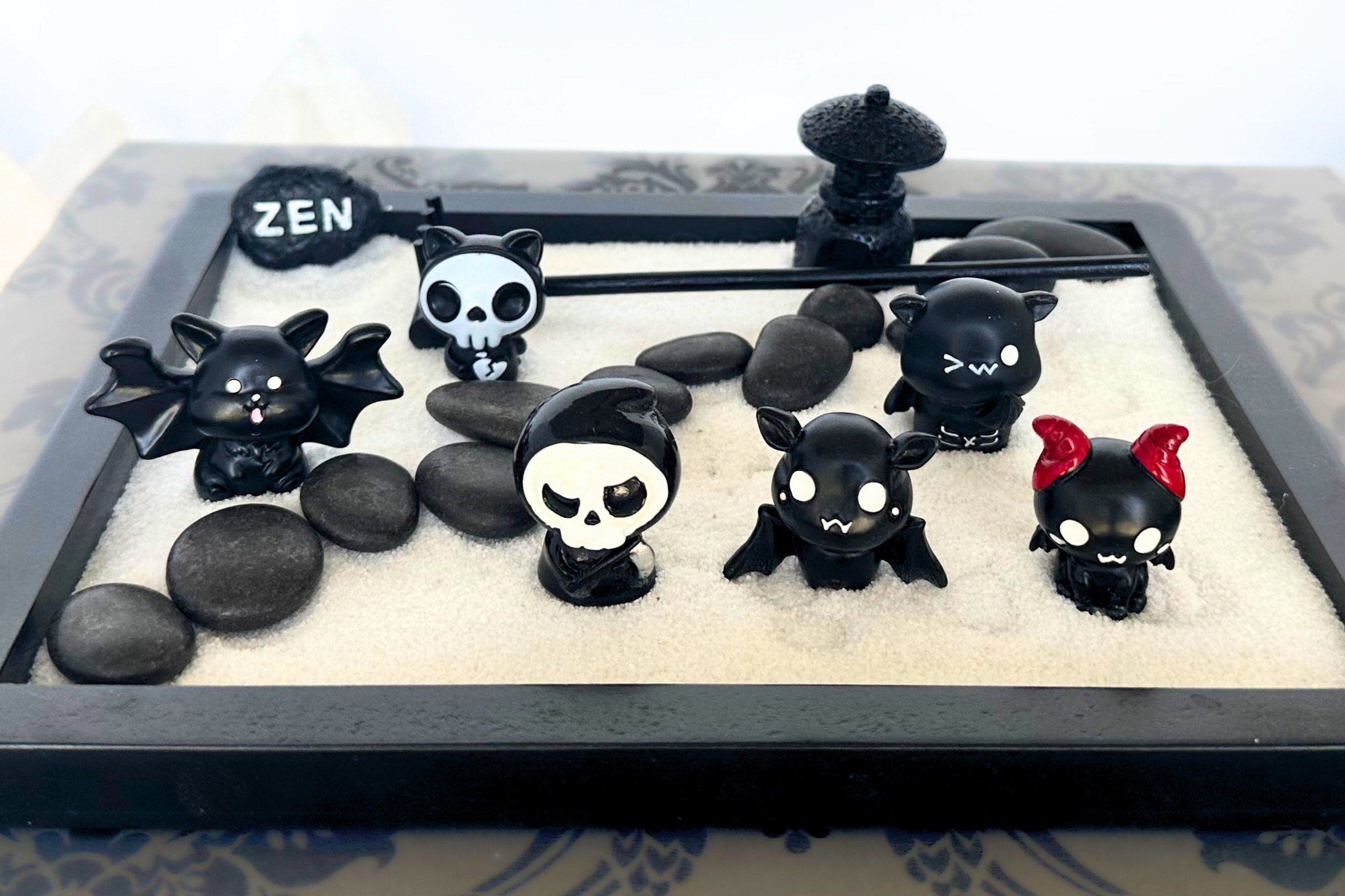 thumbnail image 2 of Goth Zen Garden Kit For Desk - 11 Spooky Miniatures, 4 Glow Ghosts, Black & Red Sand (Black Tray) 2 of 10