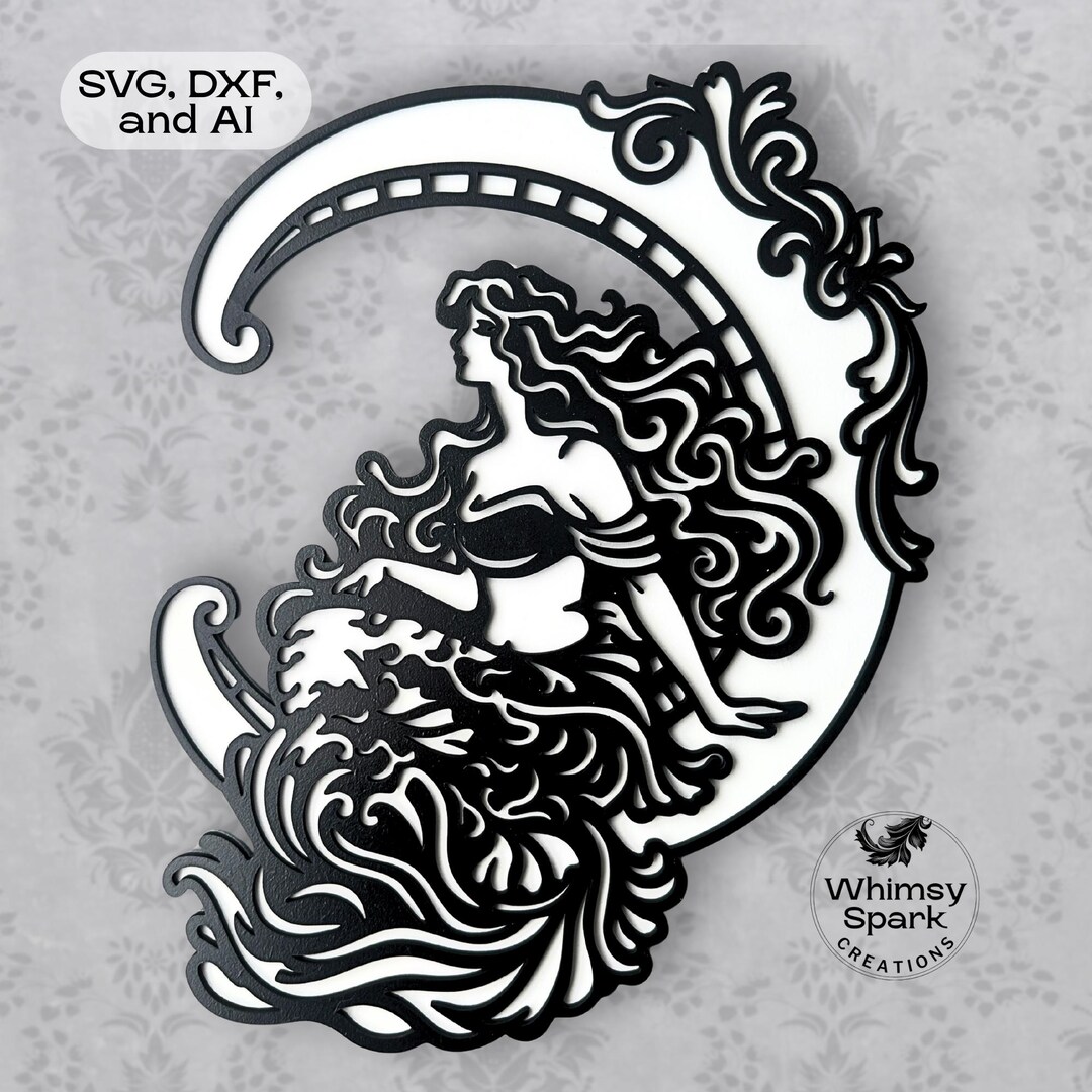 Mermaid on Crescent Moon SVG Laser Cut File Art Nouveau Mermaid ...