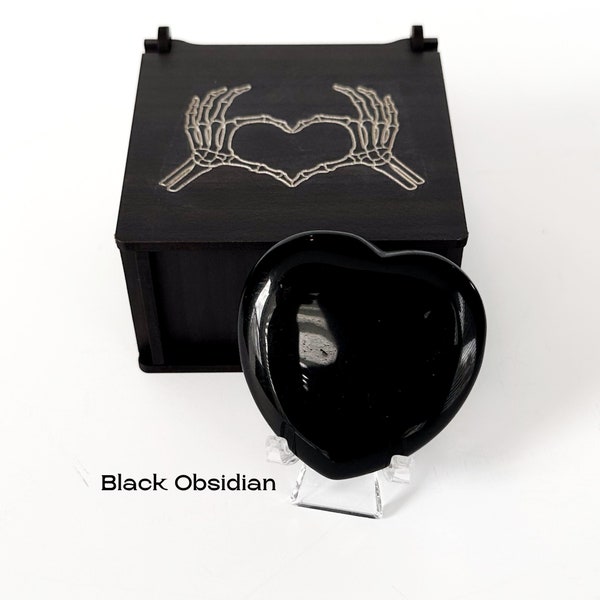 Goth Valentine Gift Horror Valentines Day Black Obsidian Heart Polished Black Obsidian Palm Stone Gift Set Goth Jewelry Box Spooky Love Gift