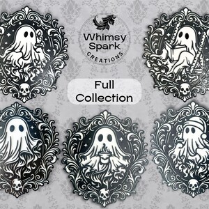 May include: A collection of black and white ghost-themed designs. Each design features a ghost within an ornate frame, with a skull at the bottom. The designs include ghosts holding candles, reading, and wearing a Santa hat. The text "Full Collection" is also present.
