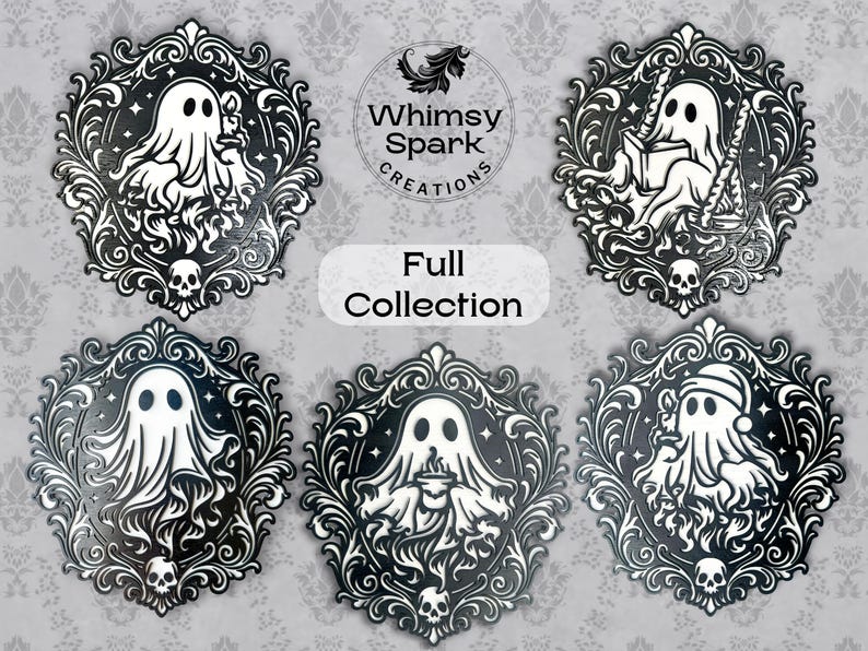 May include: A collection of black and white ghost-themed designs. Each design features a ghost within an ornate frame, with a skull at the bottom. The designs include ghosts holding candles, reading, and wearing a Santa hat. The text "Full Collection" is also present.