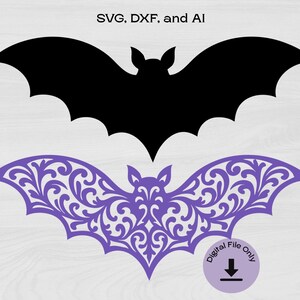 May include: Two bat silhouettes, one solid black and one with a purple floral design. The floral bat is more intricate and detailed.