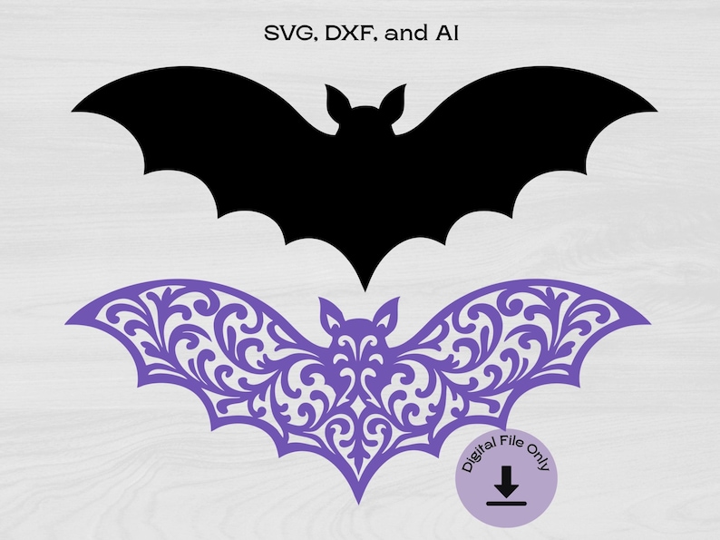May include: Two bat silhouettes, one solid black and one with a purple floral design. The floral bat is more intricate and detailed.